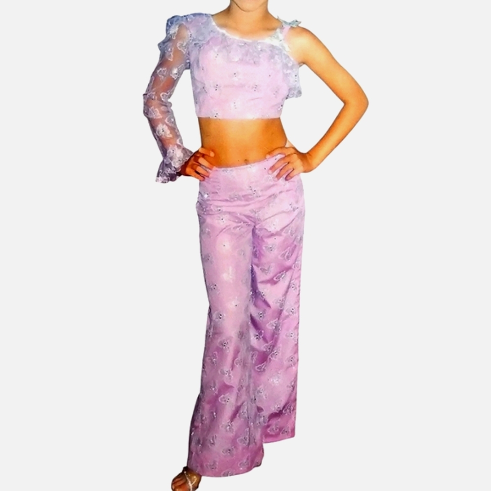Lavender Floral Lace/Rhinestone Butterfly Pant/Crop Top Partywear Set